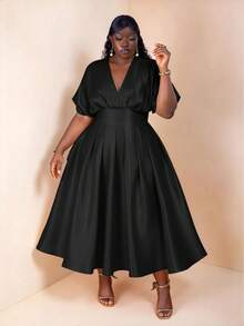 CurvyTilda Plus Size Women's Solid Color Pleated Elegant Satin Dress Black - Black - View 5