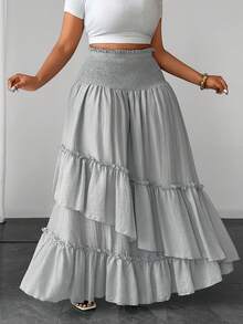 Maweii Plus Size Women's Solid Color Shirred Waist Ruffle Hem Skirt For Vacation Fall - Light Grey - View 3