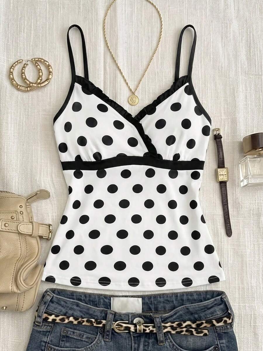 SHEIN Teen Girls Tank Tops & Camis Fitted Patchwork Spaghetti Strap Camisole Summer Holiday Outfits - Multicolor - View 1