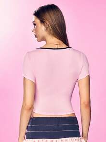 Mean Girls | SHEIN Women's Letter Print Bow Decor Slim Fit Versatile Casual Daily T-Shirt - Pink - View 2