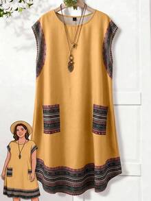 Rusticease Vestido elegante de vacaciones con cuello redondo, bolsillos y estampado geométrico para tallas grandes - Amarillo - Ver 5