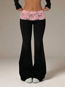 SHEIN PETITE Contrast Color Lace Patchwork Folded Waist Flare Pants - Black - View 1