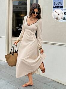 SHEIN Frenchy Women's Solid Color V-Neck Contrast Trim Waist-Flattering Slimming Fashion Versatile Mid-Length Dress - Apricot - View 8