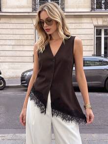 SHEIN PariChic بلوزة نسائية برقبة على شكل حرف V مع تطريز دانتيل غير متماثل، مجموعة ربيع/صيف جديدة - بني - مشاهدة 8