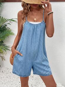 SHEIN 女款休閒細肩帶連身短褲連身衣 - 藍色 - 查看 6