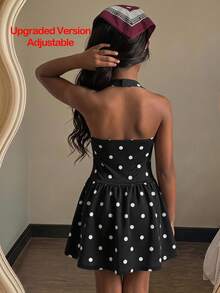 SHEIN 女童休閒時尚波點掛脖A字洋裝 - 黑色 - 查看 4