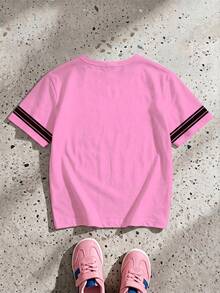 THE POWERPUFF GIRLS X SHEIN GraphicGems Young Girl Heart Cartoon Color-Block Pattern Short Sleeve Soft Versatile Casual Summer T-Shirt - Pink - View 3