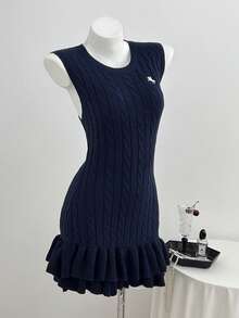 Elamini Minimalist Cute Sweet Women's Autumn Round Neck White Navy Blue Cable Knit Ruffle Hem Sweater Dress Back-To-School Everyday School - Royal Blue - View 4