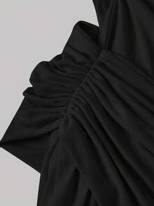 SHEIN MOD 女士优雅简约纯色不对称领口褶皱腰身连衣裙，夏季 - 黑色 - 查看 6