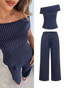 Siren Gaze Women Summer Casual Striped Foldover Asymmetric Collar Fitted Top Wide Leg Pants 2 Sets Elegant Going Out Vacation Y2k Work Office Business - Navy Blue - View 2