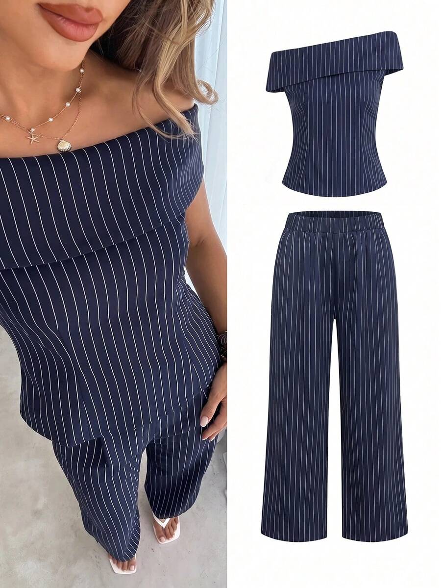 Siren Gaze Women Summer Casual Striped Foldover Asymmetric Collar Fitted Top Wide Leg Pants 2 Sets Elegant Going Out Vacation Y2k Work Office Business