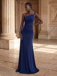 Coutiva Rhinestone Decor Elegant One Shoulder High Slit Bridesmaid Dress - Royal Blue - View 1