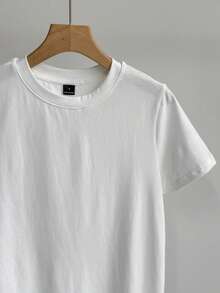 SHEIN BASICS 運動純色圓領短袖T恤夏季女款短版上衣女上衣白色上衣 - 白色 - 查看 3