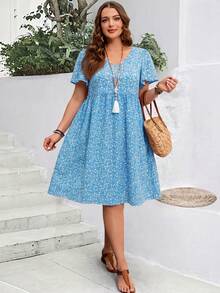 EMERY ROSE Đầm dự tiệc mùa hè cỡ lớn dành cho nữ, họa tiết hoa nhí, tay bồng. - Xanh da trời - Xem 5