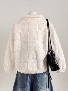 SHEIN Tween Girl Casual Versatile Heart Pattern Fuzzy Long Sleeve Stand Collar Jacket , Fall/Winter - White - View 2