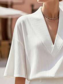 RosyDaze Women's White V-Neck T-Shirt, Casual T-Shirt For Summer Outfits - White - View 6