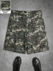 Manfinity EMRG Men's Camouflage Pattern Rhinestone Decorated Casual Denim Cargo Shorts - Army Green - View 1