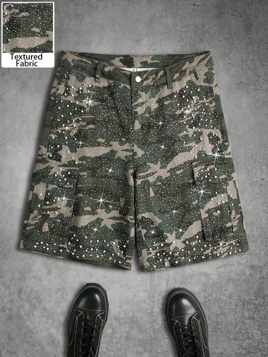 Manfinity EMRG Men's Camouflage Pattern Rhinestone Decorated Casual Denim Cargo Shorts - Army Green - View 1