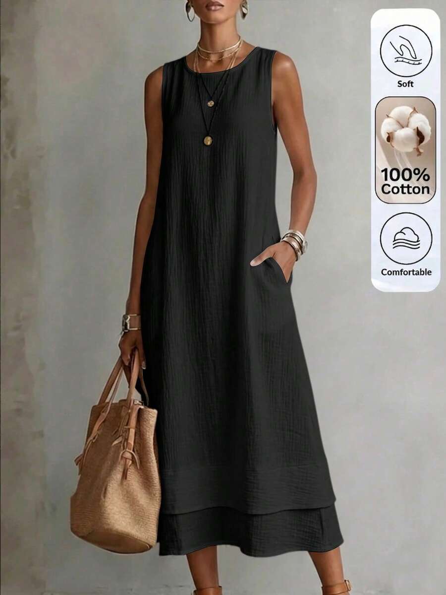 Linhara CURVE Damenkleid in großen Größen, ärmellos, aus reiner Baumwolle, mit doppellagigem Saum und Taschen, lässig für den Alltag - Schwarz - Übersicht 1