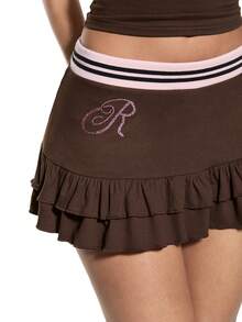 Mean Girls | ROMWE Women's T-Shirt Skirt With Rhinestone Off-Shoulder Meangirls Collaboration Y2K Slim Fit Ribbed Collar Knit Sexy - Mocha Brown - View 2