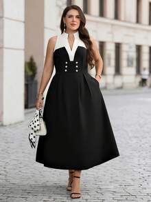SHEIN Clasi CURVE Women's Plus Size Black And White Decorative Buckle Waist-Cinching Spring/Summer Dress Teachers' Day Formal Brunch Eleganza Elegant - Black and White - View 8