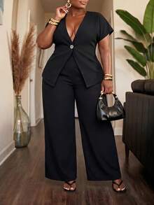 Slaydiva Conjunto de 2 piezas de blazer de un solo botón y pantalones de pierna ancha, elegante traje de negocios para trabajo de talla grande para curvas - Negro - Ver 5