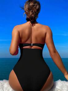 Swim Vcay Summer Beach Solid Color Halter Neck Knotted Cutout  Swimsuit - Black - View 2