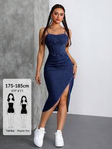 SHEIN Tall 女款緊身無袖露肩收腰不對稱下擺開衩甜美派對夜店迷你牛仔洋裝，海軍藍，秋季，適合高個女性 - 深色水洗藍 - 查看 1