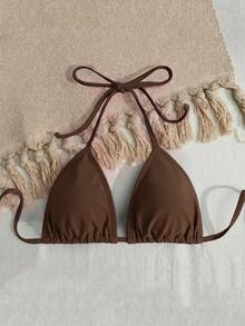 SHEIN Swim 女款夏季海灘純色掛脖綁帶性感時尚比基尼上衣 - 棕色 - 查看 5