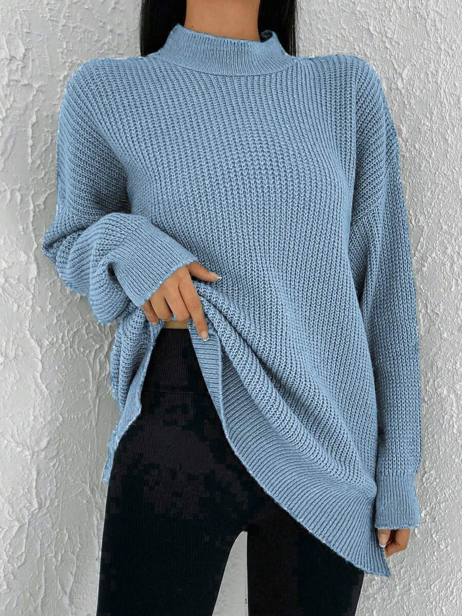 SHEIN Cottnline Women'S Stand Collar Drop Shoulder Sweater - Baby Blue - View 1