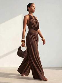 SHEIN x Rafa Kalimann Zivah Women's Solid Color Draped Neck Cowl Neck Fashion Jumpsuit For Vacation - Brown - View 13