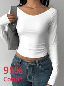 SHEIN BASICS 女士休闲深V领修身长袖T恤，适合秋冬季，95%纯棉 - 白色 - 查看 6