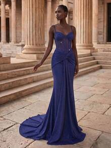 Coutiva Women's Elegant Rhinestone Pleated Ruffle Mermaid Hem Formal Evening Gown - Navy Blue - View 4