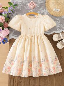 SHEIN Elladie kids 女童圓領短袖百褶滿版印花優雅花童夏季婚禮禮服 - 白色 - 查看 11