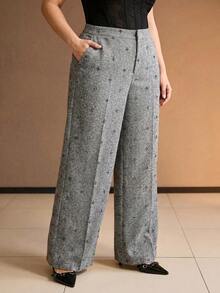MOTF PREMIUM PLUS SIZE WOMEN'S AUTUMN/WINTER TWEED RHINESTONE DECORATED LOOSE WIDE LEG LONG PANTS - Grey - View 6