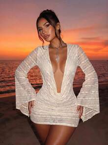 BamGleam 1pc Women's Lace Knit Jacquard Coverup, Deep Draped Neck Bodycon Silhouette, Long Sleeve Loose Fit, Sexy Beach/Vacation Style Summer - Apricot - View 1