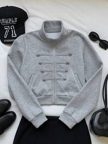 Comfortcana Women's Solid Color Pocket Casual Versatile Daily Long Sleeve Sweatshirt Autumn For Women Back To School Going Out Y2K Top Streetwear - Grey - View 5