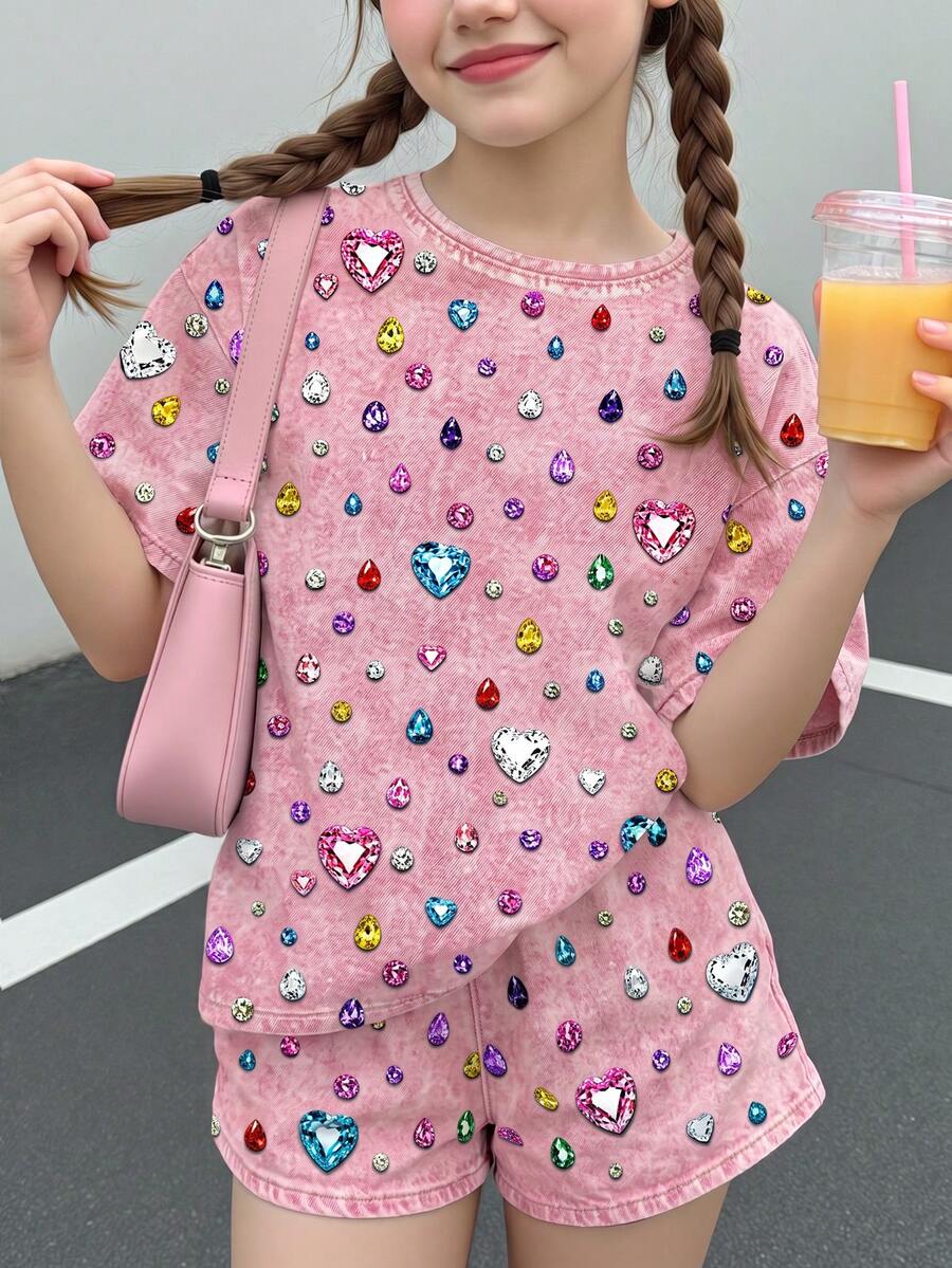 Tween女孩休閒極簡可愛甜美波點亮面紋理愛心印花,鈷藍色系,短袖短褲兩件套,適合夏季舒適春夏風格,圖案,Kawaii - 彩色 - 查看 1