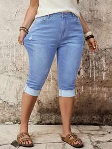 EMERY ROSE EMERY ROSE Plus Size Women Distressed Pocket Casual 3/4 Length Jeans - Light Wash - View 7