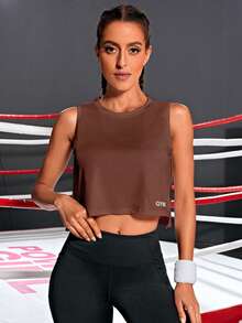 Powerista Casual Versatile Sleeveless Solid Color Side Burn-Out Front Letter Print Design Sports T-Shirt - Brown - View 4