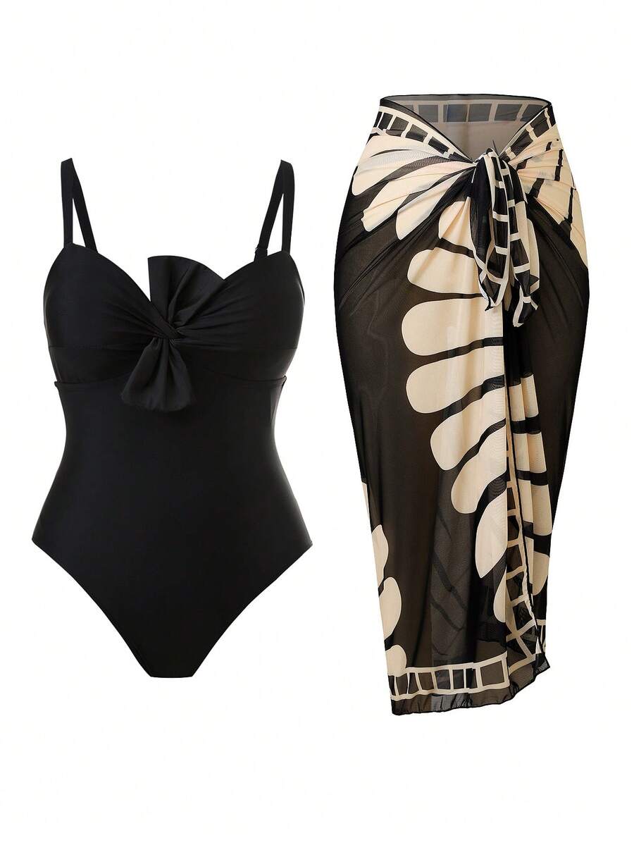 Swim Oasis OASIS Plus Size Vacation Swimwear Set, Black Print Sheer Cover-Up + Twist One-Piece Swimsuit 2 Pieces Set Beach Beige Summer Sexy Elegant - Black - View 1