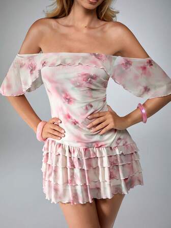 Sweetness Frühling Sommer Herbst französischer süßer verträumter Garten Urlaub Batik-Muster Off-Shoulder geraffte Taille mehrlagiges Rüschen Mini-Kleid für Frauen