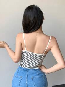 Joudiya Women Tank Tops & Camis Tombol Striped Casual - Hitam dan Putih - View 5