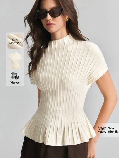 Ontre Top de malha feminino verão 2026, cintura marcada, corte solto, cor damasco, mangas morcego, gola alta, bainha assimétrica, casual para deslocações, estilo urbano moderno minimalista elegante, chá da tarde, Dia da Independência, estilo Old Money, professora, roupa de escritório, férias, férias, encontro, passeio, top de malha feminino versátil e moderno