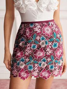 Zanirela Autumn Purple Floral Colorblock French Luxury Heavy Embroidery Hollow Lace High Waist Women's Positioned Trim Skirt Romantic Elegant Vintage Wedding - Burgundy - View 3