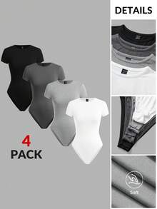 SHEIN BASICS 4件組女款純色針織圓領短袖修身連身衣 夏季服飾 日常辦公穿搭 黑色 灰色 淺灰色 白色 基本款 內斂 - 灰色 - 查看 10