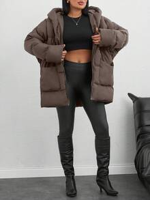 SHEIN Tall Zip Up Hooded Padded Coat With Two Pockets - Brown - View 5