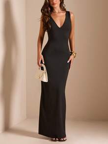 SHEIN BAE Spring/Summer / Pure Black / Deep V-Neck Sleeveless Wide Strap High Elastic Slim Fit Side Slit Floor-Length Mermaid Long Dress / Elegant Luxury Bodycon Slimming Evening Dress + Luxury Evening, Birthday Party, Wedding Guest, High-End Date, Photography - Black - View 7