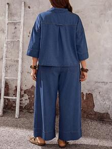 EMERY ROSE EMERY ROSE Plus Size Women Single-Breasted Top And Wide Leg Jeans Two Pieces Set - Dark Wash - View 2