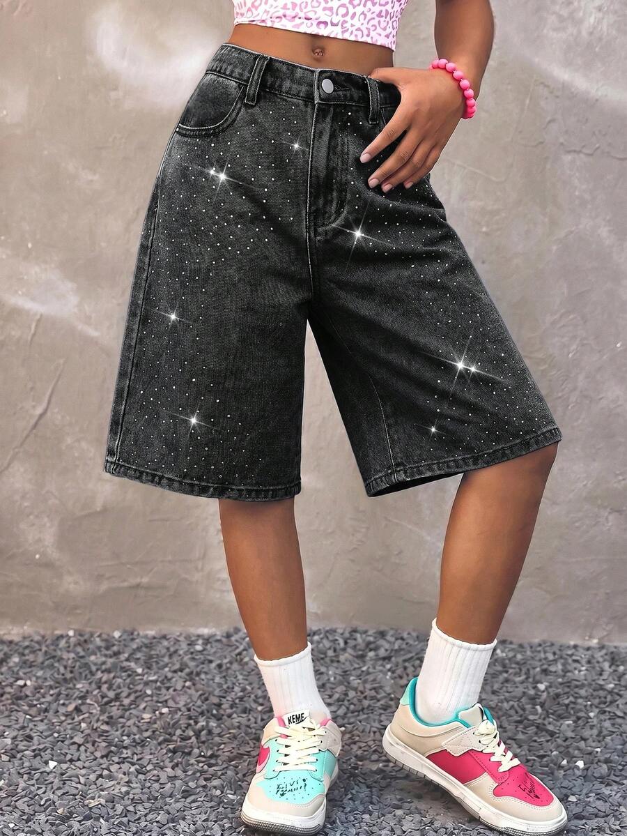Tween Girl Tween Girl Casual Daily Denim Shorts With Pockets, Buttons And Rhinestones - Black - View 1